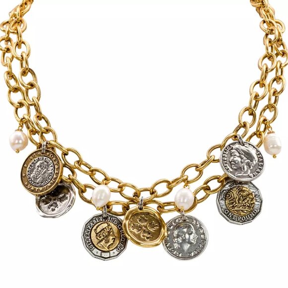 Patricia Nash Jewelry - Patricia Nash Double Charm World Coin & Freshwater Pearls Necklace